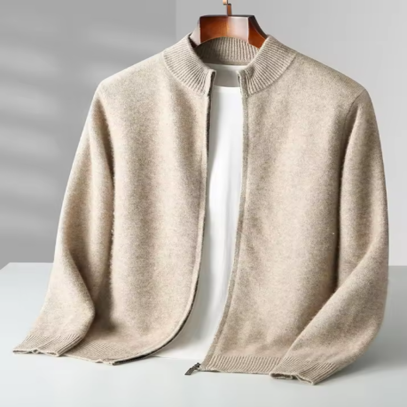 100% Merino Wool Knitwear Thick Soft Clothing,  Autumn Winter Men's Woo Cardigan Zippers Mock Neck Long Sleeve Cashmere Sweater